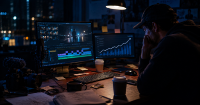 Content creator working late at a desk, illustrating the hours of work behind a large online view count.