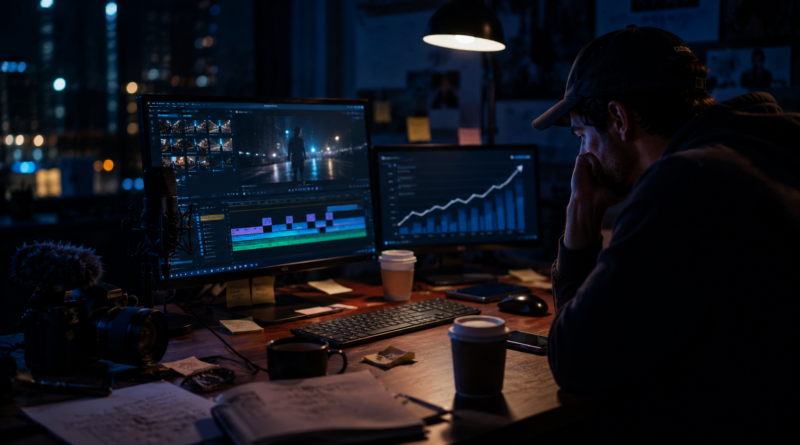 Content creator working late at a desk, illustrating the hours of work behind a large online view count.