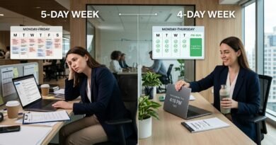 Modern professional comparing a four-day workweek with a traditional five-day schedule and workplace productivity.