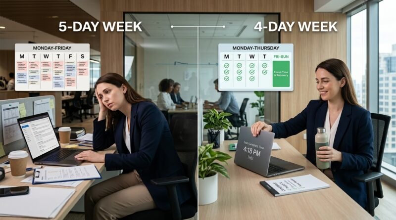 Modern professional comparing a four-day workweek with a traditional five-day schedule and workplace productivity.