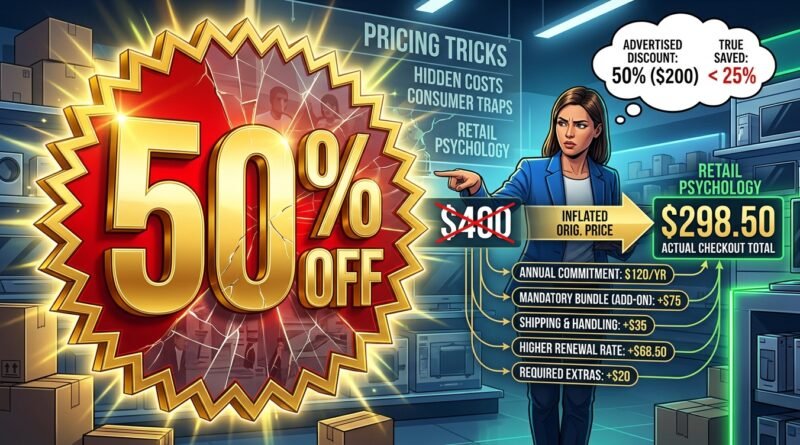 Large 50% off sale badge contrasted with inflated original prices, fees, bundles and higher renewal costs.