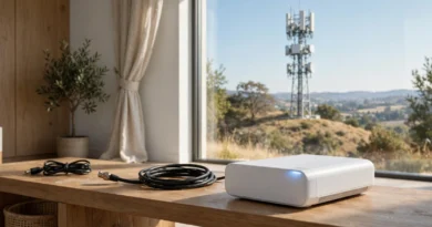 5G home internet gateway receiving wireless broadband signal from a cellular tower