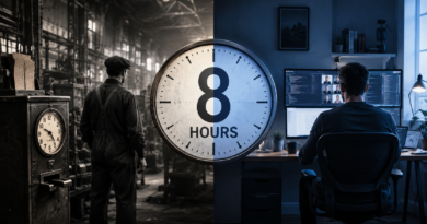 Industrial-era work clock contrasted with a modern digital workspace and the eight-hour workday.