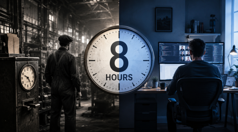 Industrial-era work clock contrasted with a modern digital workspace and the eight-hour workday.
