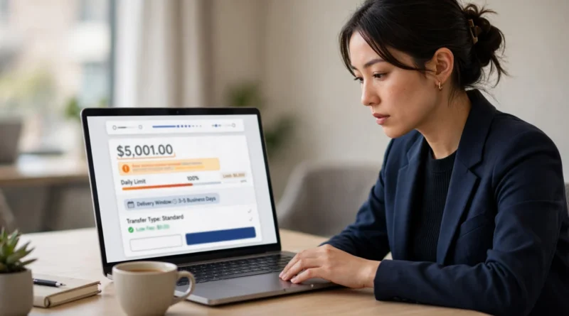 Bank customer scheduling an ACH transfer with timing and transfer limits