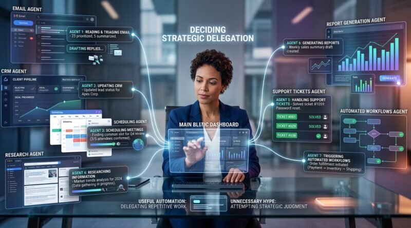 AI software agents handling email, CRM updates, scheduling, research and recurring workflow tasks.