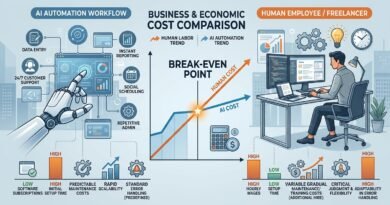 AI automation workflow compared with human work using costs, setup time, judgment and a break-even graph.
