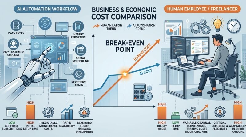AI automation workflow compared with human work using costs, setup time, judgment and a break-even graph.