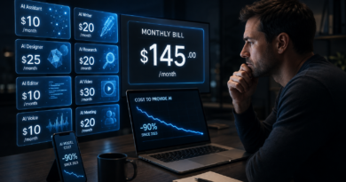 Multiple AI subscription costs stacking up across a laptop and smartphone.