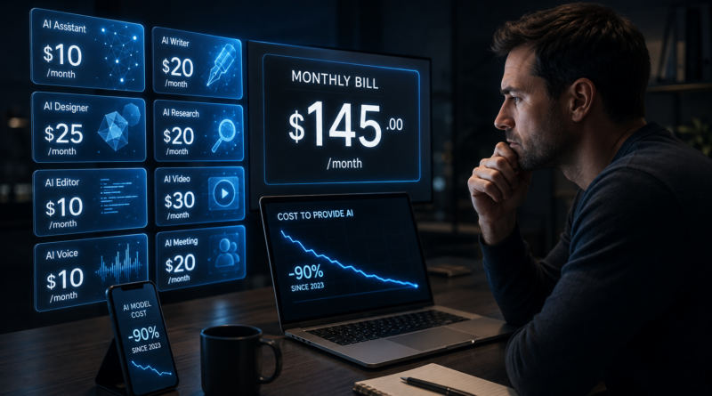 Multiple AI subscription costs stacking up across a laptop and smartphone.