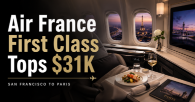 Luxury first-class airline cabin on a San Francisco to Paris route