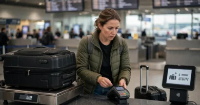 Airline passenger checking a suitcase and paying an extra baggage fee