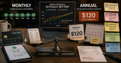 Monthly and annual subscription payment paths compared with hidden renewal and unused-month costs.