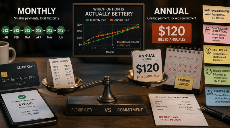 Monthly and annual subscription payment paths compared with hidden renewal and unused-month costs.