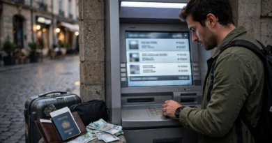 Traveler withdrawing cash from an ATM abroad with multiple fees