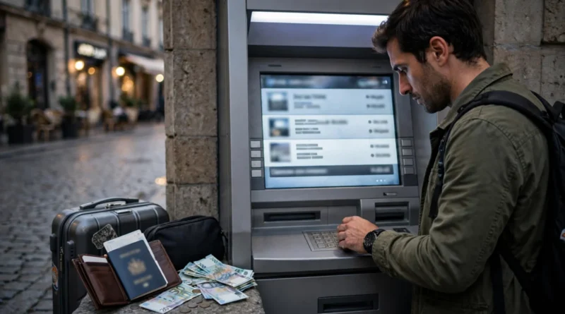 Traveler withdrawing cash from an ATM abroad with multiple fees