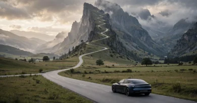 Car approaching a steep road rise to symbolize the large final payment in a balloon car loan.