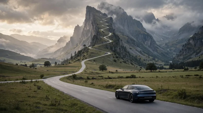 Car approaching a steep road rise to symbolize the large final payment in a balloon car loan.