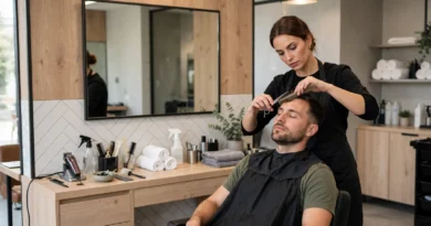 Professional barber cutting a client's hair in a modern salon