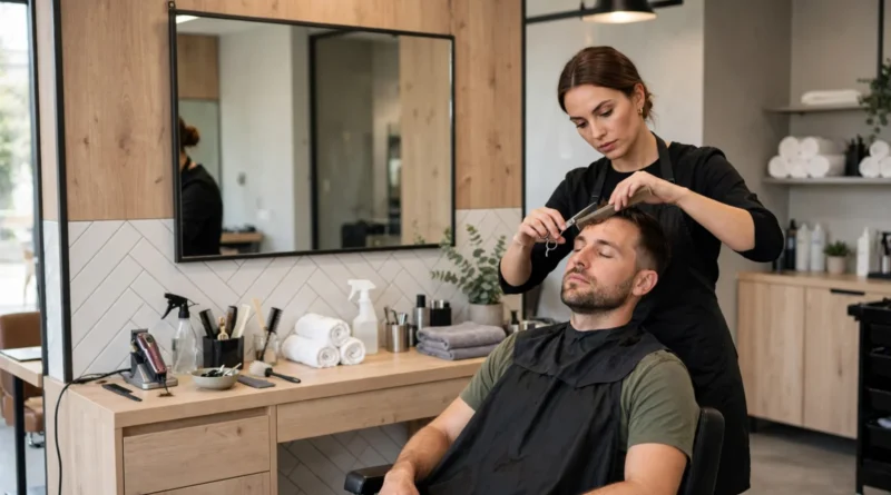 Professional barber cutting a client's hair in a modern salon