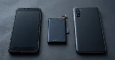Old smartphone and replacement battery compared with a new phone