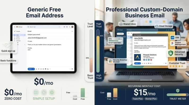 Free consumer email compared with professional custom-domain business email, credibility and administration features.
