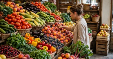 Shopper selecting abundant seasonal fruits and vegetables at a produce market