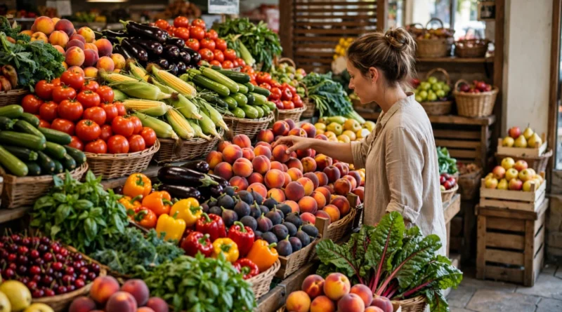 Shopper selecting abundant seasonal fruits and vegetables at a produce market