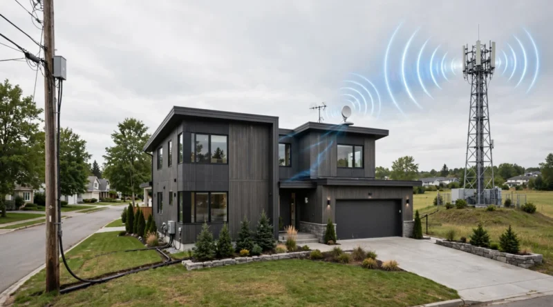Cable connection and wireless tower signal illustrating cable versus fixed wireless internet