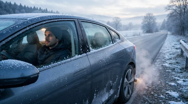 Modern car idling on a cold winter morning before driving