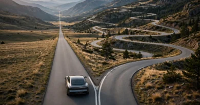 Car approaching diverging roads to illustrate how different interest rates change total borrowing cost.