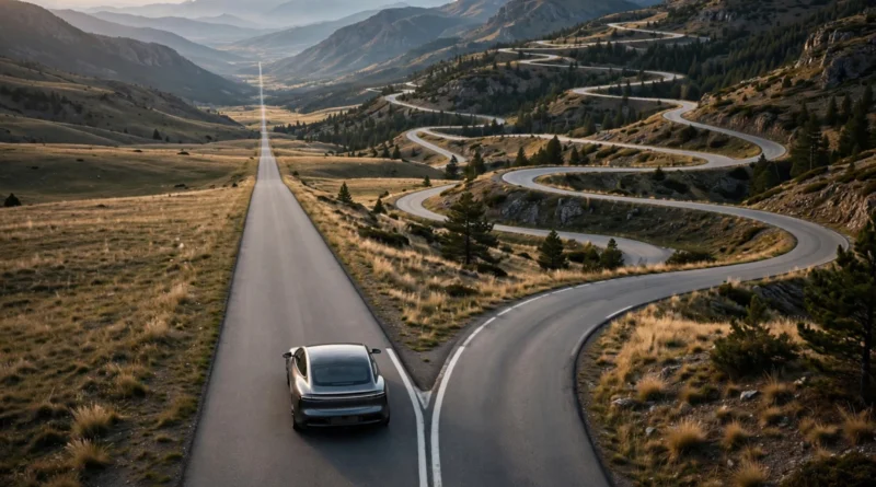 Car approaching diverging roads to illustrate how different interest rates change total borrowing cost.