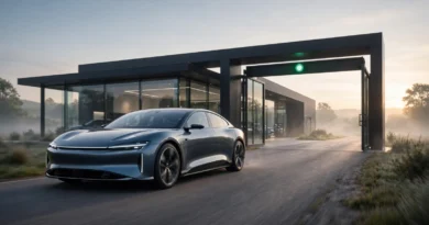 Car approaching a dealership through an open gate to represent financing preapproval before shopping.