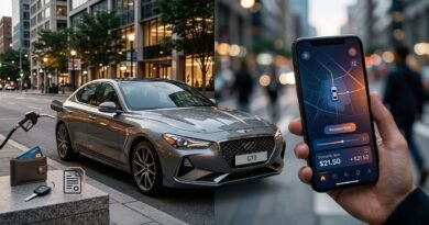 Car and ride-hailing smartphone comparison showing monthly ownership costs and the break-even point between driving and booking rides.
