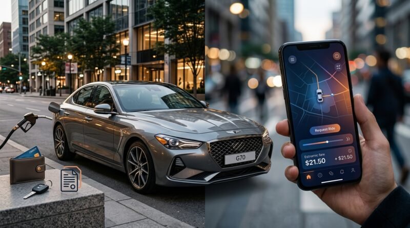 Car and ride-hailing smartphone comparison showing monthly ownership costs and the break-even point between driving and booking rides.