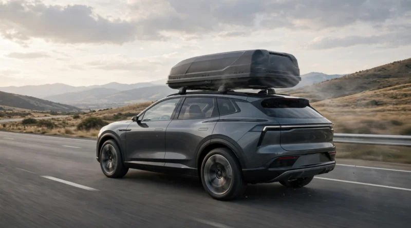 Car with rooftop cargo box illustrating aerodynamic drag and fuel economy