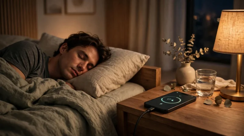 Smartphone charging overnight on a bedside table with battery management enabled