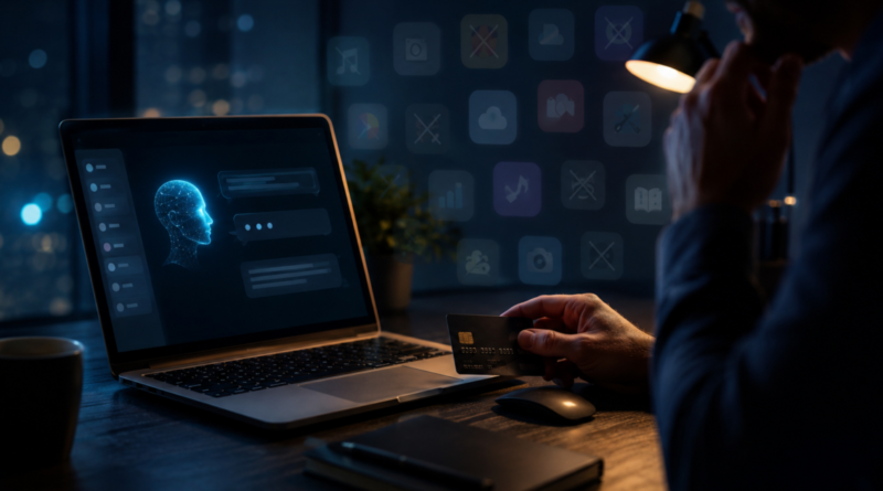 Person at a laptop considering the value and actual usage of an AI subscription.