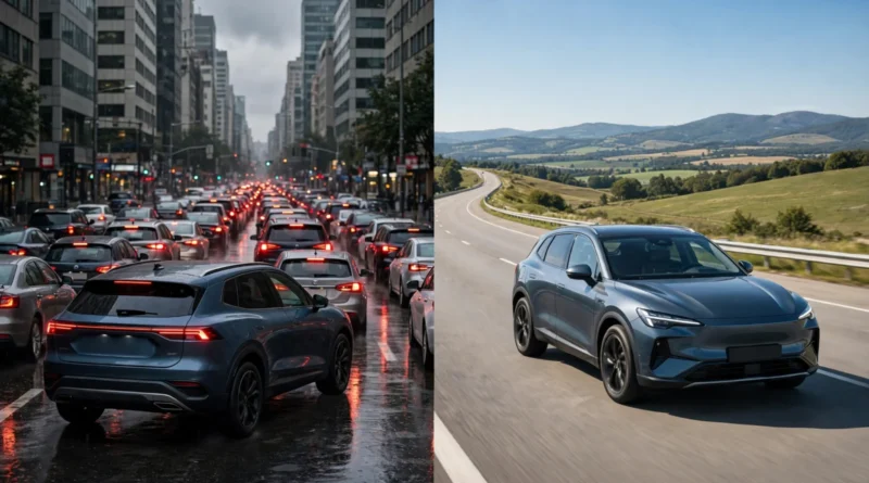 Car driving in city traffic and on an open highway illustrating fuel consumption differences