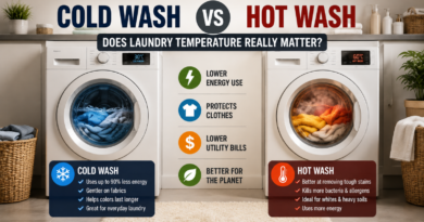 Cold wash versus hot wash laundry comparison showing energy use and clothing care differences