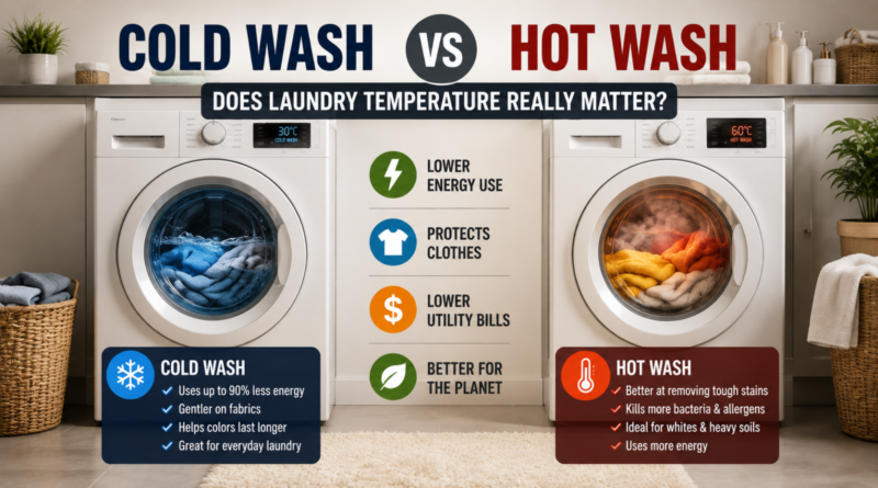 Cold wash versus hot wash laundry comparison showing energy use and clothing care differences