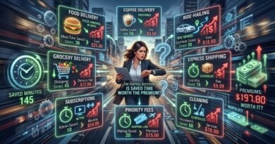 Busy person surrounded by delivery, ride-hailing, grocery, express shipping and other convenience services trading money for saved time.