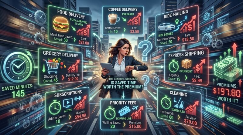 Busy person surrounded by delivery, ride-hailing, grocery, express shipping and other convenience services trading money for saved time.