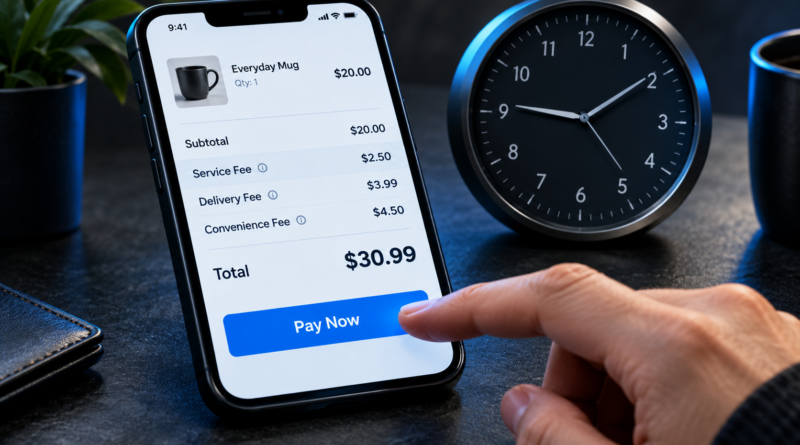 Mobile checkout showing multiple service, delivery and convenience fees added to a purchase.