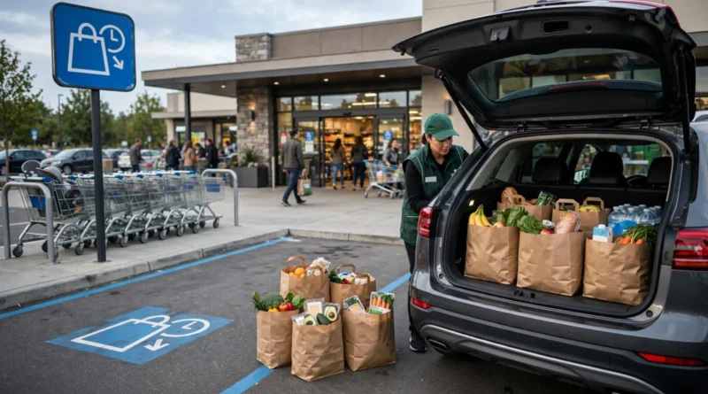 Store employee loading curbside pickup groceries into a customer's car
