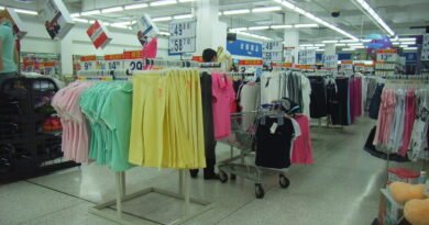 Discount retail clothing section with sale displays