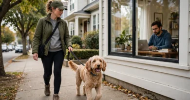 Dog walker taking a dog outside while the owner continues working at home