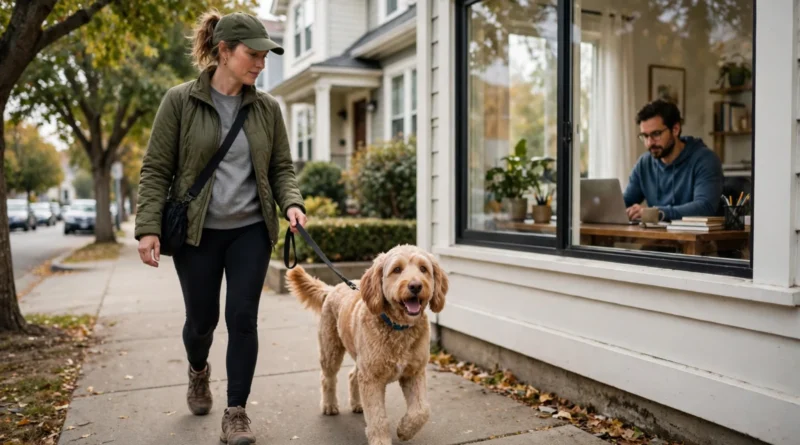 Dog walker taking a dog outside while the owner continues working at home