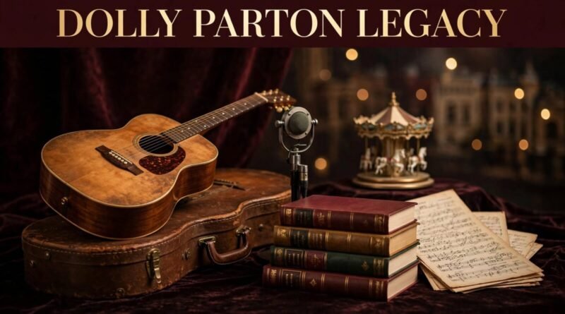 Editorial illustration representing Dolly Parton's music, business and philanthropic legacy