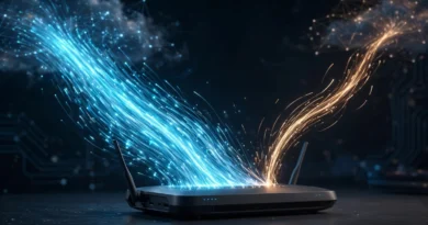 Router with incoming and outgoing data streams illustrating download speed versus upload speed